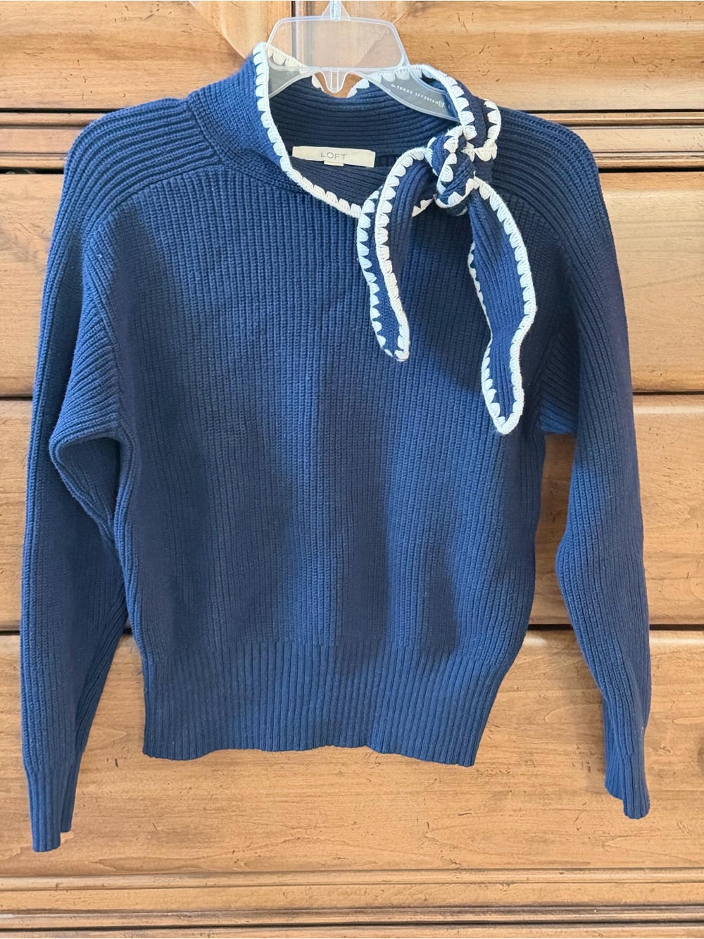 LOFT Navy Sweater with White-Trim Tie Neck Scarf
